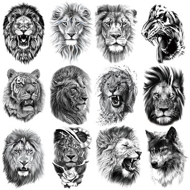 12 Sheets Arm Waterproof Temporary Tattoo Stickers Black Fierce Tiger Lion Wolf for Men Women Teens