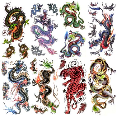 8 sheets Arm Temporary Tattoos Colorful Chinese Blue Green Dragon Tiger