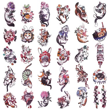 30 Sheets Hand Arm Clavicle Temporary Tattoo Stickers Cute Japanese Style Cat for Men Women Teens