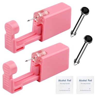 Nose Piercing Kit - 2 Pcs Disposable Piercing Gun Built-in Silver Plated Nose Stud Self Use Pink at Home Piercing Kit Convenient Safe Operate (Black)