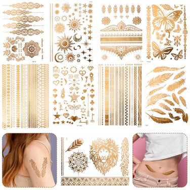 9Sheets Gold Temporary Tattoos,110+ Designs Tattoos,Flash Gold Tattoos Temporary Women Adult,Lion Sun Moon Star Glitter Tattoo for Festival Vacation Makeup Rave,Waterproof, Realistic Last Long