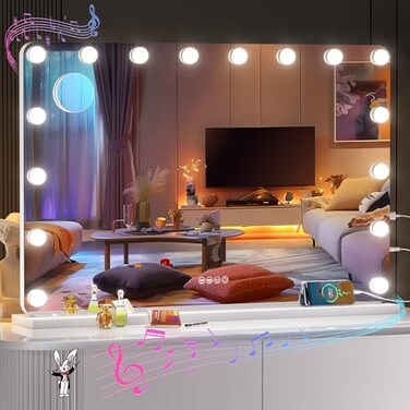36''X24'' Vanity Mirror With Bluetooth Speaker, Hollywood Lighted Makeup Mirror with 16 Dimmable LED Bulbs, 3 Color Lighting Modes &amp; Stepless Dimming, 5X Magnification, Tempered Glass, USB &amp; Type-C