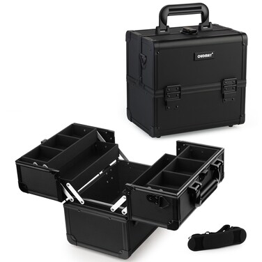 OUDMAY Makeup Case - Professional Portable Aluminum Cosmetics Storage Box With Locks and 2-Deck Folding Trays Black Diamond