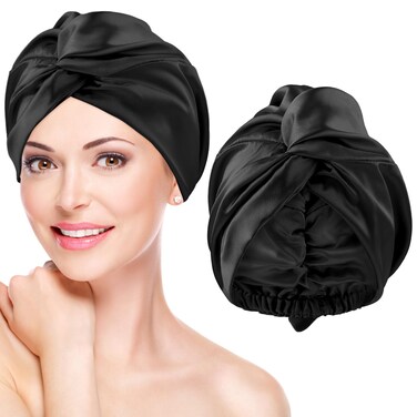 Ouligay Satin Silk Hair Bonnet Hair Wrap for Sleeping Adjustable Night Sleep Caps for Curly Hair Women Girls(Black)