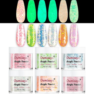 Super Bright Glow in the dark Glitter Nail Acrylic Powder 6 Colors Set APG060 Pink White Blue Green Orange Colors Collection
