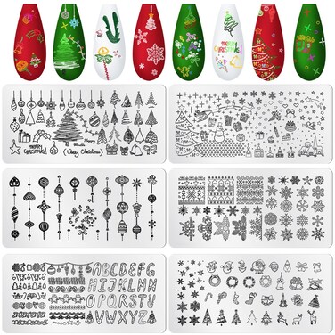 6 Piece Christmas Nail Stamp Plates - Snowman &amp; Snowflake Pattern Templates for DIY Nail Art Decoration