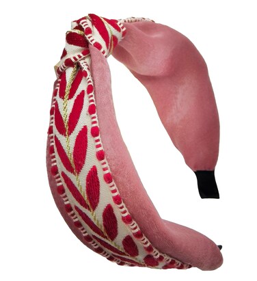 Boho Knotted Red Headband with Handmade Lace Embroidery Leaves Metal Headband for Girls Womens