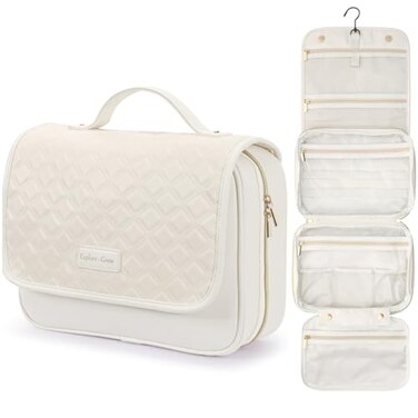 PACKISM Hanging Travel Toiletry Bag for Women - Quilted Plaid PU Leather Travel Makeup Bag with Detachable Bag, Waterproof Cosmetic Bag for Full-Sized Toiletries Fit Bathroom Cruise, Off-white (M)