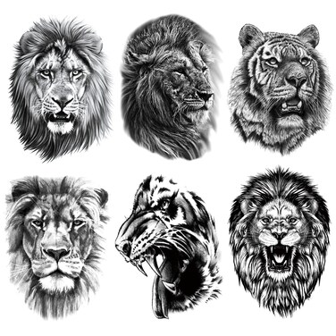 Large Temporary Tattoos for Men, 6-Sheet Black Lion King Tiger Tattoo Stickers Half Arm Sleeves for Women Kids, Realistic Fake Tattoos Long Lasting Tattoos Waterproof