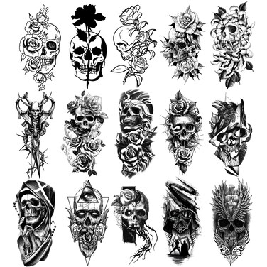 Halloween Temporary Tattoo, 15-Sheet Black Skull Rose Flower Tattoos Temporary Realistic, Waterproof Girls Tattoos Temporary for Kids Adult