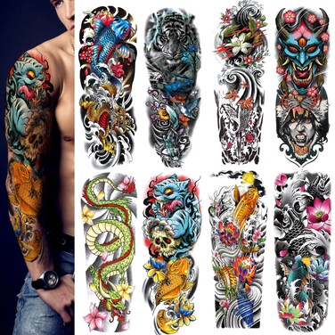 Full Sleeve Temporary Tattoos, 8-Sheet Fish Dragon Tiger Temporary Sleeve Tattoos for Men Women, Waterproof Realistic Large Temporary Tattoo Stickers