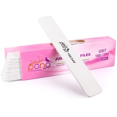 10pcs - PANA Jumbo Double-Sided Emery Nail File for Manicure, Pedicure, Natural, and Acrylic Nails - White (Grit 180/240)