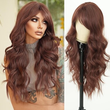 PARK YUN Long Wavy Reddish Brown Wigs With Bangs 28 Inch Chocolate Brown Side Part Curtain Bangs Heat Resistant Synthetic Wig Natural Looking Wigs for Women Daily Party Use