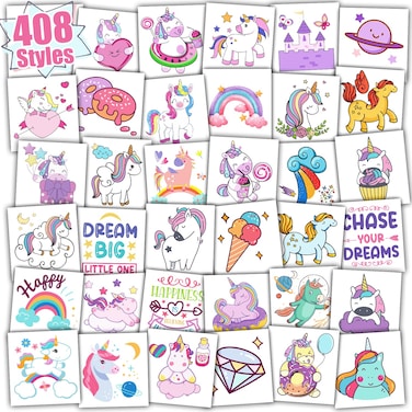 Partywind 408 Styles Temporary Tattoos for Kids Girls, Individually Wrapped Cut Tattoos for Girls Party Supplies Decorations, Goodie Bag Stuffers Prizes Games for Children