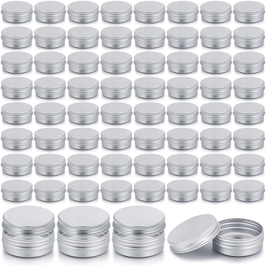 Patelai 64 Pieces Lip Balm Tin Containers Screw Top Round Tin Cans Aluminum Jar with Screw Lid, Empty Bottle Travel Cosmetic Sample Container for DIY(1 oz,Silver)
