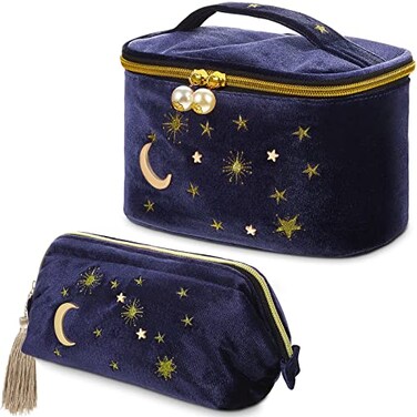Patelai 2 Pcs Velvet Stars Makeup Bag Cosmetic Bag Handy Travel Starry Makeup Pouch Portable Embroidered Pouch Toiletry Wash Bag Cute Storage Bag Clutch Handbags(Navy,Sun Moon)