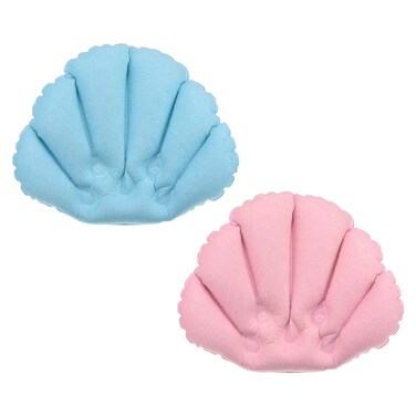 PATIKIL Inflatable Bath Pillow with Suction Cups, 2 Pack Terry Cloth Covered Shell Shape Soft Bath Spa Cushion Neck Support for Bathtub Hot Tub (Blue, Pink)