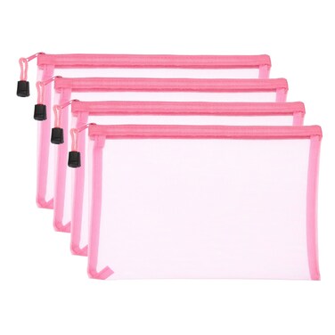 PATIKIL Mesh Zipper Bags, 4 Pack Nylon A5 Size Pen Pencil Travel Cases Toiletry Cosmetic Makeup Pouches Zipper Files Purse Organizer for Office, Pink
