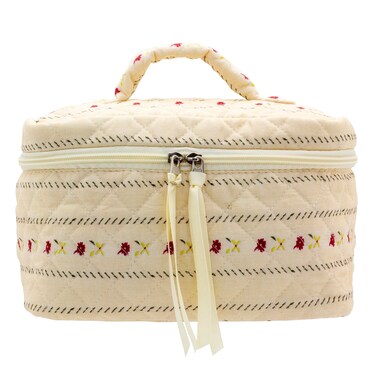 PAZIMIIK Cotton Makeup Bag for Women Large Quilted Travel Cosmetic Case Girls' Make Up Organizer,Little Flower Beige