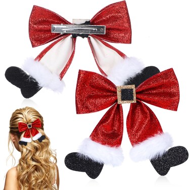 2 Pcs Christmas Hair Clips, Glitter Christmas Hair Bows Cute Bows Barrettes Red Bows Hairpins Christmas Hair Accessories for Girls Women Costume Accessory Xmas Party Gifts
