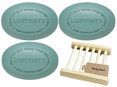 Lightfoot's Pine Soap for Men (3 Bars) All Natural Pine Scented Mens Athletic Soap for Body or Hands and One (1) Bamboo Holder