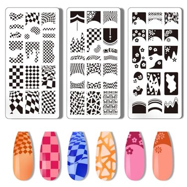 PH PandaHall 3pcs French Nail Stamper Tartan Nail Stamping Plate French Tip Nail Art Stencils Plaid Wave Print Nail Stencils Stainless Steel Nail Image Plates for Nail Design Print Manicure Salon