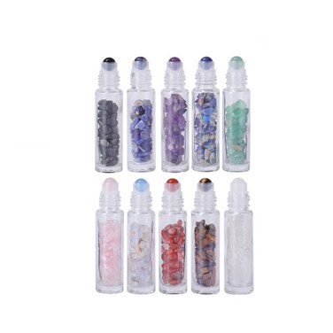 10ml Glass Roller Bottles for Essential Oils, 10Pcs Refillable Roll on Bottles with Gemstone Roller Balls &amp; Crystal Chips Inside for Travel, Perfume and Lip Gloss