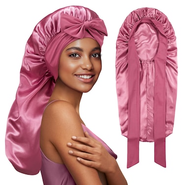 Long Satin Bonnet with Tie Band, Reversible Silk Hair Bonnet for Sleeping Women with Curly or Braided Hair