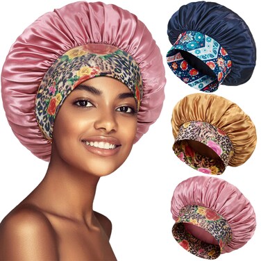 3 Pack Satin Bonnet Silk Hair Bonnet for Sleeping, Sleep Bonnets for Women Large Wide Soft Band Sleep Cap for Curly Hair Braids