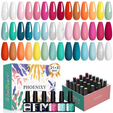 PHOENIXY 24 PCS Gel Nail Polish Set, 21 Colors Soak Off Gel Nail Kit Nude Pink Red Blue Green Yellow Orange Nail Polish Set with Base Gloss Matte Top Coat Nail Kit Gifts for Women
