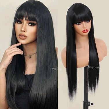 Black Long Straight wigs with Bangs for Girls Synthetic Fiber Hair for Kids Wigs with No Lace Wigs Glueless Heat resistant Hair for Fashion Women cosplay wig(22 Inch)