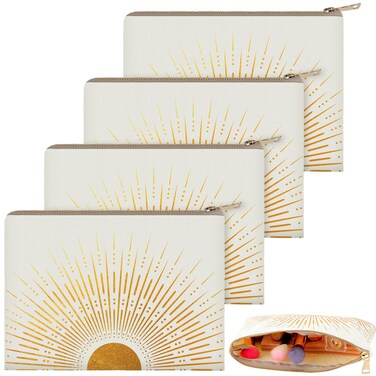 Pinkunn 4 Pcs Boho Makeup Bag Canvas Cosmetic Bag Sunshine Ray Makeup Pouch Large Zipper Make up Pouch for Women Boho Travel Cosmetic Purse(Sunshine)