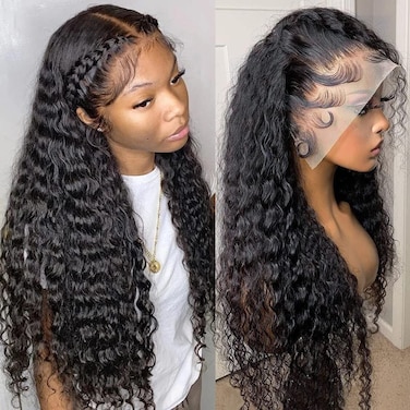 Pizazz 220% Density Deep Wave Lace Front Wigs Human Hair Pre Plucked with Baby Hair Natural Hairline 13x4 Glueless Human Hair Wigs for Black Women Natural Color(26 Inch)