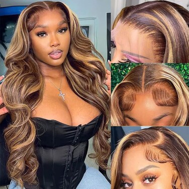 Pizazz 13x4 Ombre Highlight Lace Front Wigs Human Hair with Baby Hair 180 Density Glueless Wigs Human Hair Pre Plucked 4/27 Honey Blonde Body Wave Frontal Wigs Human Hair 26 Inch