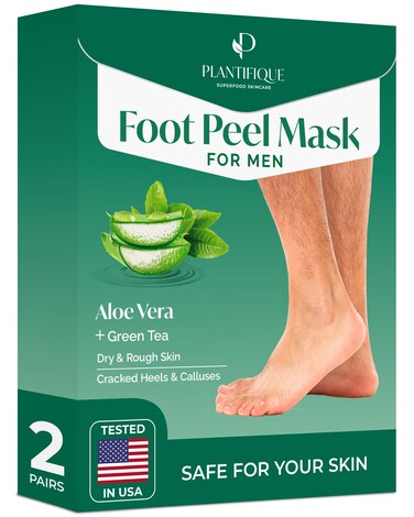 PLANTIFIQUE Foot Peeling Mask 2 Pack for Men   Dermatologically Tested Repairs Heels &amp; Removes Dry Dead Skin for Baby Soft Feet   Exfoliating Foot Peel Mask for Dry Cracked Feet   Aloe Vera