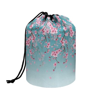 Poceacles Peach Blossom Blue Cosmetic Bag for Women, Portable Drawstring Makeup Bag Collapsible Toiletry Barrel Bag Organizer Storage Pocket