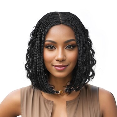 Braided Bob Wigs for Black Women Box Braids Wig with Free Tress 14 Inch Curly Goddess Box Braids Wigs Synthetic Box Braids Hair Black Color Fake Scalp Short Bob Wigs(#1B, 14&rdquo;)