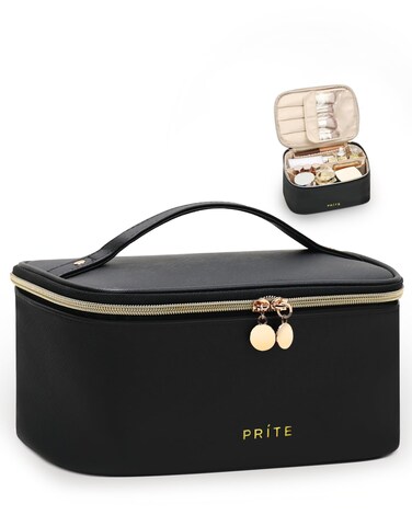 Prite Makeup Bag, Large Capacity Portable Travel Cosmetic Bag, Waterproof Makeup Organizer for Women with Handle and Divider(Black)