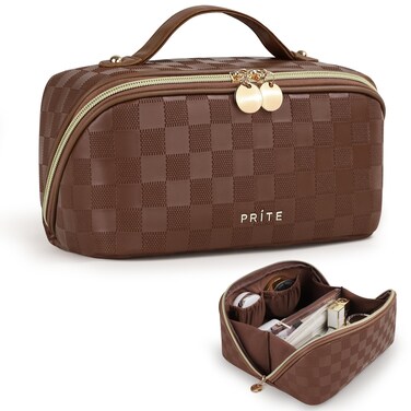 Prite Travel Cosmetic Bag Makeup Organizer Bag For Women Large Capacity Waterproof PU Leather Toiletry Bag with Handle and Clear Divider(Plaid Brown)