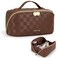 Prite Travel Cosmetic Bag Makeup Organizer Bag For Women Large Capacity Waterproof PU Leather Toiletry Bag with Handle and Clear Divider(Plaid Brown)