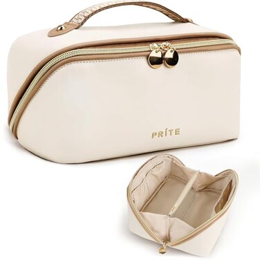 Prite Large Capacity Cosmetic Bag for Women Portable Waterproof PU Leather Makeup Bag Open Flat Makeup Organizer With Clear Divider and Handle(Beige)