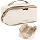 Prite Large Capacity Cosmetic Bag for Women Portable Waterproof PU Leather Makeup Bag Open Flat Makeup Organizer With Clear Divider and Handle(Beige)