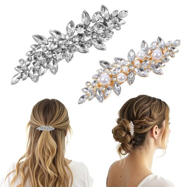 2Pcs Sparkly Rhinestone Hair Clip, Crystal Flower Hair Clips, Rhinestone Crystal French Barrette Clips, Rhinestone Hair Clips Crystal Pearl Hair Barrettes, Silver Crystal Prom Barrettes for Bridal