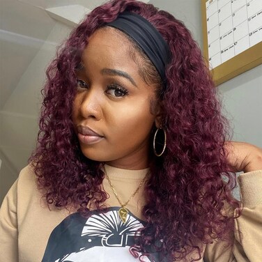 Headband Wig Human Hair Deep Wave 99J Human Hair Headband wigs for women Glueless None Lace Front Wig Machine Made 150% Density headband wig human hair with Headbands (12Inch)