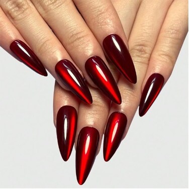 Red Press on Nails Stiletto Fake Nails Halloween False Nails with Designs Glitter Glossy Acrylic Glue on Nails Shiny Artificial Nails Ombre Stick on Nails for Women Manicure 24 Pcs