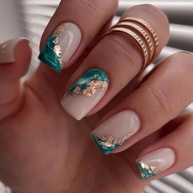 Marble Press on Nails Square Medium Fake Nails with Gold Foil Designs Full Cover False Nails Glossy Glue on Nails Nude Acrylic Nails for Women and Girls Nails Decorations 24pcs