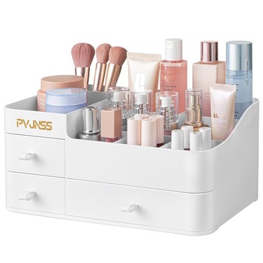 Makeup Organizer, Large Capacity Desk Organizer with 3 Drawers, Bathroom and Bedroom Desk Cosmetics Holder for Skin Care, Lipstick, Brushes, Eyeshadow, Lotions, Nail Polish (White)