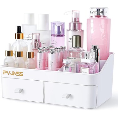 Makeup Organizer, Large Capacity Desk Organizer with 2 Drawers, Bathroom and Bedroom Desk Cosmetics Holder for Skin Care, Lipstick, Eyeshadow, Lotions, Nail Polish (White)