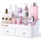 Makeup Organizer, Large Capacity Desk Organizer with 2 Drawers, Bathroom and Bedroom Desk Cosmetics Holder for Skin Care, Lipstick, Eyeshadow, Lotions, Nail Polish (White)