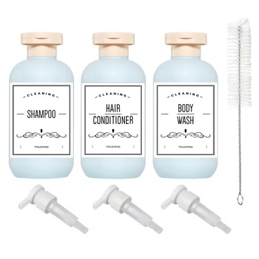 Qeuly Squeeze Bottles with Pump Dispenser and Flip Cap, 6.8 oz Refillable Travel Containers for Toiletries, Plastic Travel Shampoo and Conditioner Bottles (Blue 200)